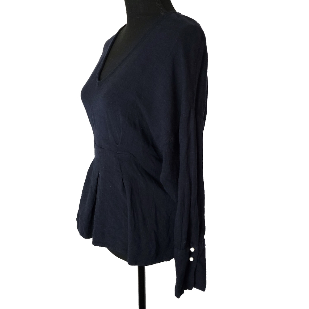 Zara Trafaluc Pleated Front Navy Blue V-Neck Top Size Medium